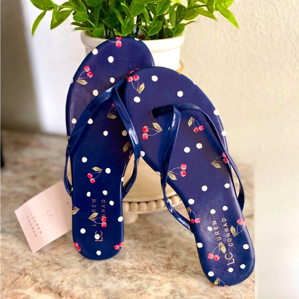LC NEW Lauren Conrad Navy Cherries & Polka Dot Sandals